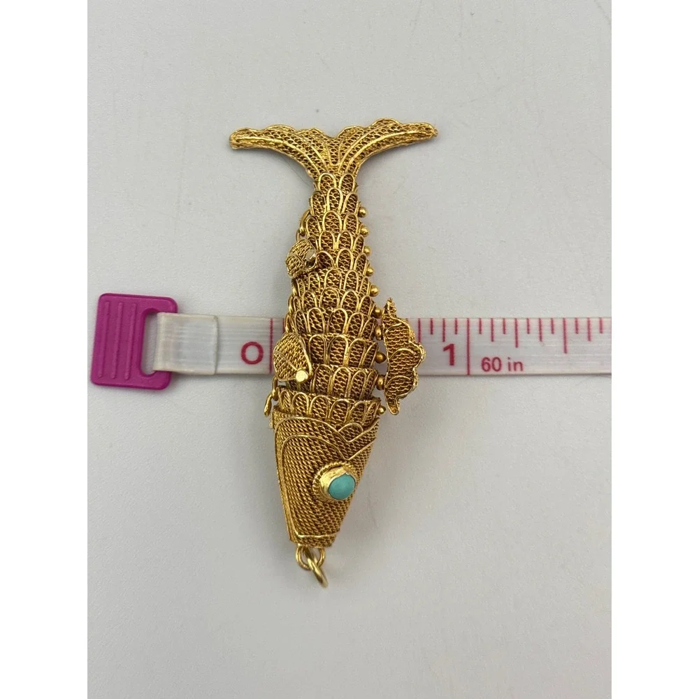 Vintage Chinese Export Silver Vermeil Articulated Koi Fish Pendant Turquoise Eye